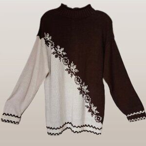 Newport News Pullover Cream/Brown Snowflake Knit Sweater - L